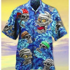 NEW! Humorous Men's Rag Skull Print with Feathers Button Front Dress Shirt